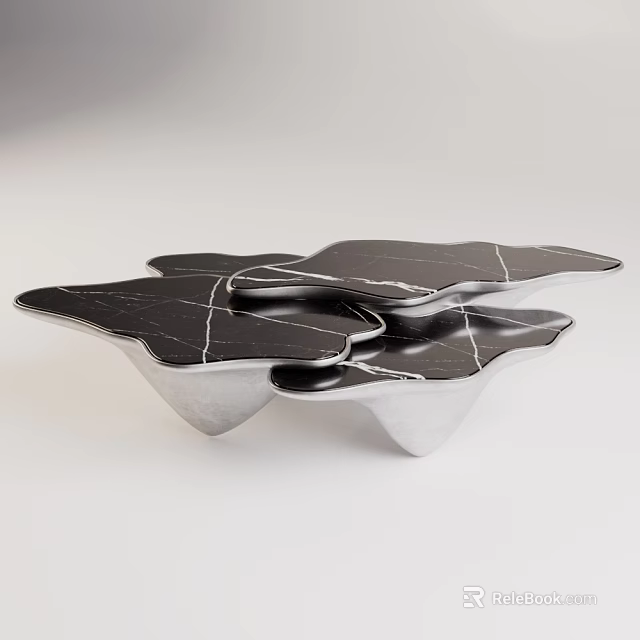 Modern Irregular Coffee Table With Black Marble Top And Silver Metallic Base 3d model