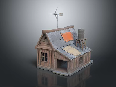 Cartoon Scene of Wooden Cabin with Tin Roof Orange Section and Water Tower Windmill 3d model