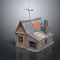 Cartoon Scene of Wooden Cabin with Tin Roof Orange Section and Water Tower Windmill