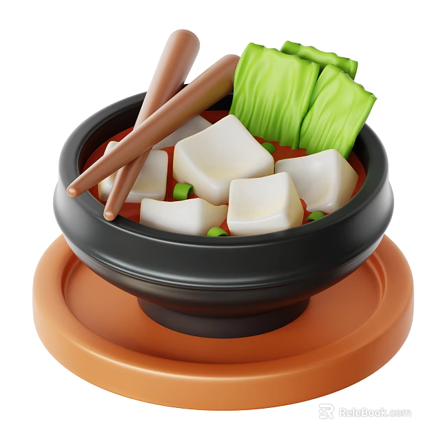 Bowl of Tofu Soup with Green Vegetables and Chopsticks on Tray 3d model 