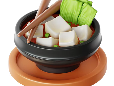Bowl of Tofu Soup with Green Vegetables and Chopsticks on Tray 3d model