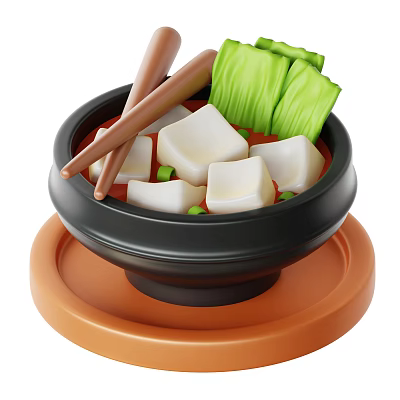 Bowl of Tofu Soup with Green Vegetables and Chopsticks on Tray 3d model
