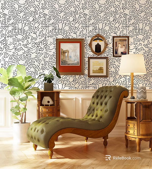 Green Chaise Lounge in Room with Black White Patterned Wallpaper Table Lamp and Framed 3d model