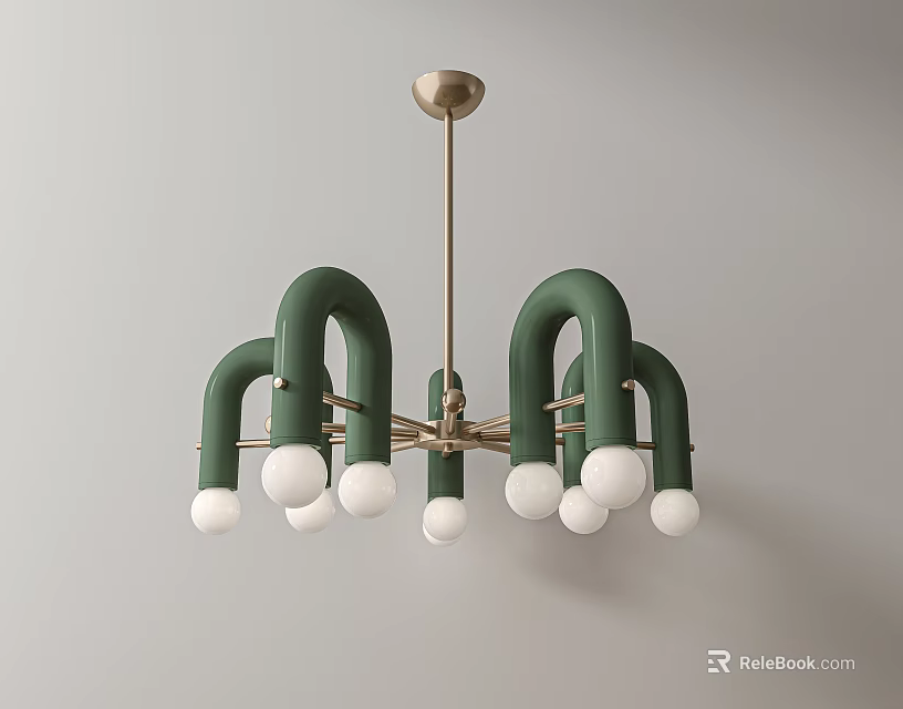 Modern Green Curved Arm Chandelier With White Bulbs And Brass Frame 3d model 