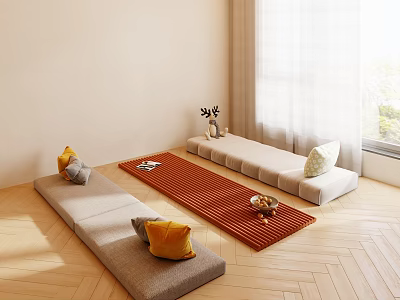 Modern Indoor Lounge With Beige Walls Wooden Flooring Window Bench Red Rug And Throw Pillows 3d model