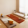 Modern Indoor Lounge With Beige Walls Wooden Flooring Window Bench Red Rug And Throw Pillows
