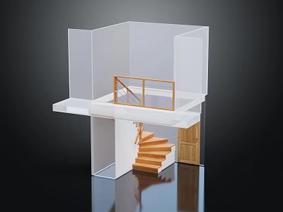 Wooden Spiral Staircase In Architectural Model With Handrail Connecting Indoor Floors 3d model