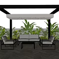 Outdoor Pergola With Comfortable Sofa Chairs Lush Green Plants And Herringbone Pattern Flooring