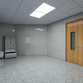 Office Cleaning Room With Gray Walls Floors White Square Ceiling Lights Mops Buckets Carts
