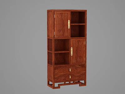 Traditional Wooden Decorative Cabinet With Open Shelves Drawers And Golden Handles 3d model