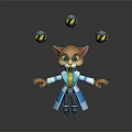 Cartoon Cat In Blue And White Striped Coat Juggling Yellow And Black Striped Balls