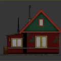 Small Red Cottage Building With Gray Roof Yellow Windows White Frames And Chimney
