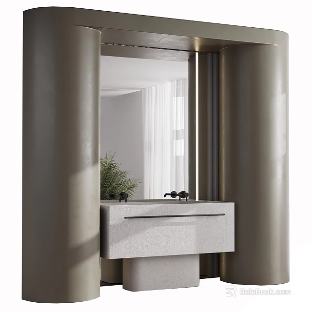 Modern Minimalist Bathroom Washbasin With White Marble Countertop Ceramic Sink Chrome Faucet And Mirror 3d model 