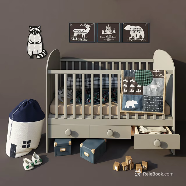 Wooden Baby Crib With Storage Drawers Plaid Bedding And Animal Wall Art In Nursery 3d model 