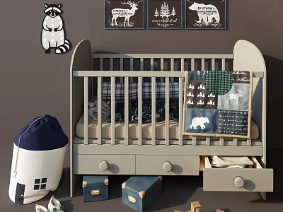 Wooden Baby Crib With Storage Drawers Plaid Bedding And Animal Wall Art In Nursery 3d model