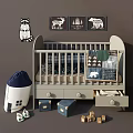 Wooden Baby Crib With Storage Drawers Plaid Bedding And Animal Wall Art In Nursery