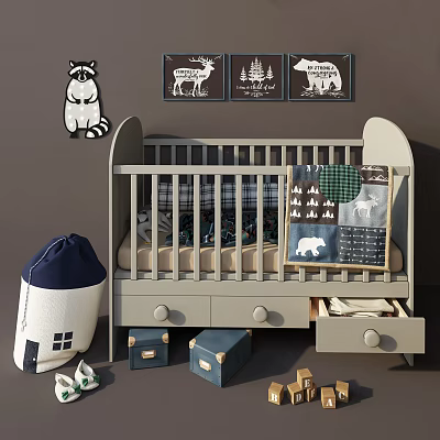 Wooden Baby Crib With Storage Drawers Plaid Bedding And Animal Wall Art In Nursery 3d model