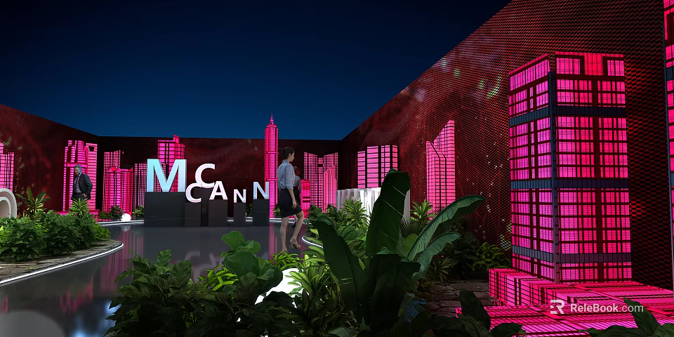 Modern Floral Installation with Pink Lighting Green Plants and Architectural Silhouettes in Night Venue 3d model 