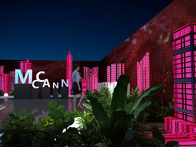 Modern Floral Installation with Pink Lighting Green Plants and Architectural Silhouettes in Night Venue 3d model