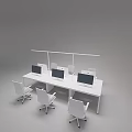 Modern Office Desk Workspace With Multiple Computer Monitors And White Chairs 3d model