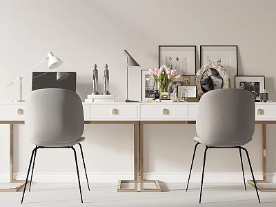 Modern White Desk with Gold Legs Gray Chairs Lamps and Framed 3d model