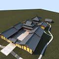 Ancient Architecture Complex With Traditional Tower Pond Courtyard And Classical Roofs 3d model
