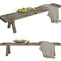 Wooden Public Bench with Yellow Fruits in Bowl and Light Cloth on Top