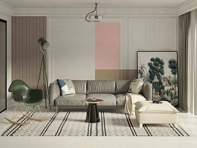 Modern Gray Sofa Coffee Table Set With Green Rocking Chair And Pink Beige Wall Decor 3d model