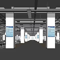Spacious Public Hall Interior With White Columns Blue Notice Boards And Ceiling Lights 3d model