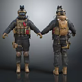 Men In Tactical Combat Gear With Helmet Vest Knee Pads And Boots