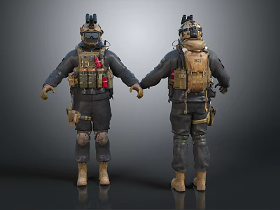 Men In Tactical Combat Gear With Helmet Vest Knee Pads And Boots 3d model