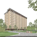 Modern High Rise Residential Building With Green Landscaping Trees Pedestrian Walkway And Park Benches