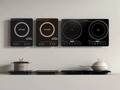 Modern Kitchen Countertop With Stylish Induction Cooktops And Cooking Pots 3d model