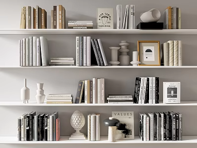 Minimalist Modern Books And Magazines On Shelf With Decorative Vases Sculptures And Framed Art 3d model