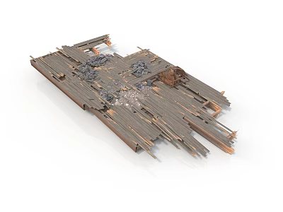 Broken Wooden Structure Debris With Splintered Planks And Loose Chips 3d model
