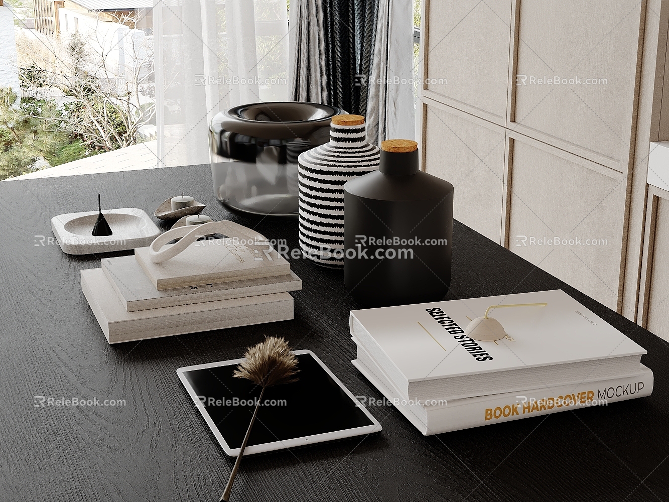 Modern table decoration books pottery jar glass jar list 3d model