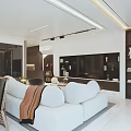Modern Living and Dining Room Interior With Blue Glass Chandelier White Sofa And Large Windows