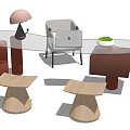 Modern Desk Setup With Table Lamp Laptop Green Plant And Wooden Stools