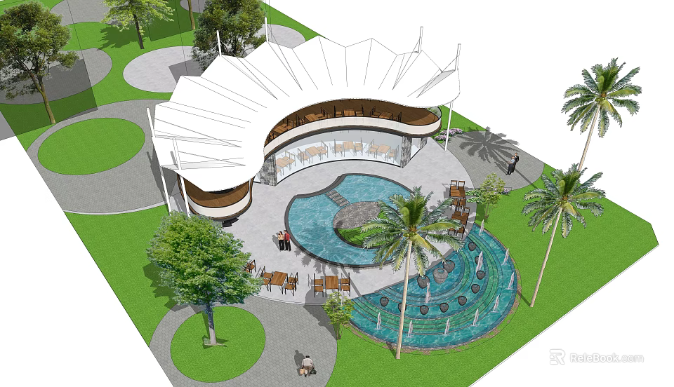 Modern Outdoor Garden Pavilion Design With Circular Water Fountain Palm Trees And Seating Areas 3d model 
