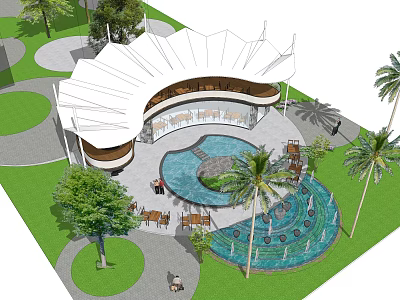 Modern Outdoor Garden Pavilion Design With Circular Water Fountain Palm Trees And Seating Areas 3d model