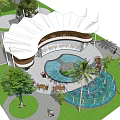 Modern Outdoor Garden Pavilion Design With Circular Water Fountain Palm Trees And Seating Areas