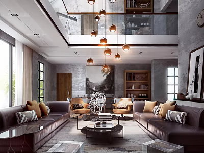 Duplex Living Room Interior With Leather Sofas Multiple Pendant Lights Bookshelves And Floor to Ceiling Windows For Natural Light 3d model