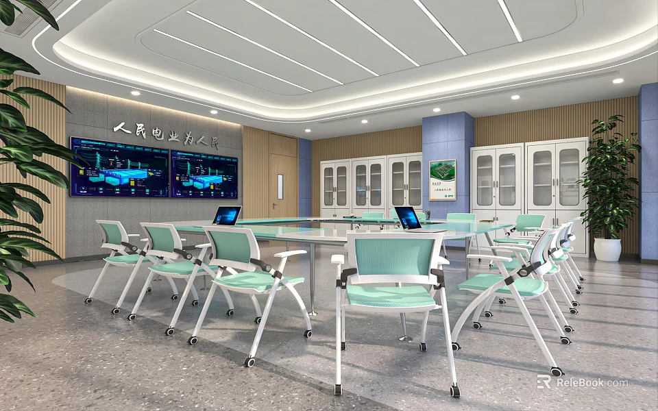 School Multimedia Classroom With Round Tables Computers Large Screen Cabinets And Green Plants 3d model 