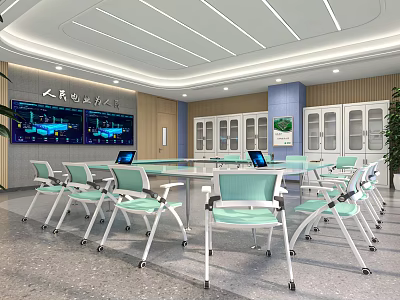 School Multimedia Classroom With Round Tables Computers Large Screen Cabinets And Green Plants 3d model
