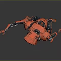 Red Mechanical Robot With Large Round Eyes And Jointed Limbs Standing In Gray Background