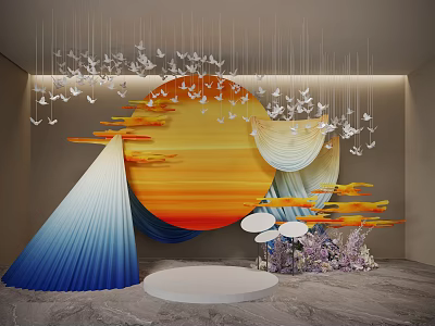 Floral Installation With Hanging White Paper Cranes Orange Gradient Circle Blue White Fan Shaped Decor 3d model