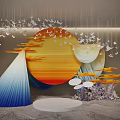 Floral Installation With Hanging White Paper Cranes Orange Gradient Circle Blue White Fan Shaped Decor