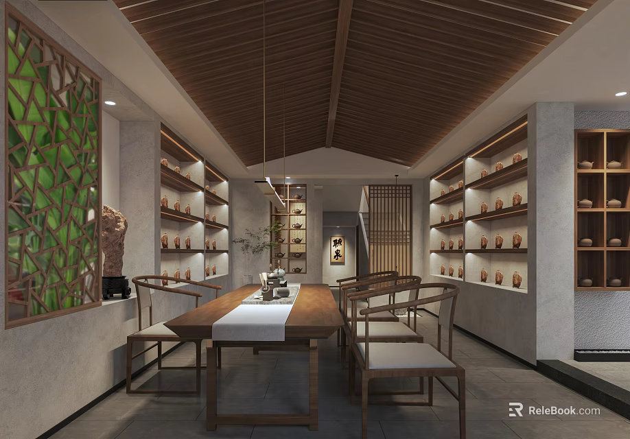 Traditional Teahouse Interior With Wooden Ceiling Tables Chairs And Tea Sets On Shelves 3d model 