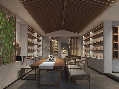 Traditional Teahouse Interior With Wooden Ceiling Tables Chairs And Tea Sets On Shelves 3d model