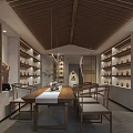 Traditional Teahouse Interior With Wooden Ceiling Tables Chairs And Tea Sets On Shelves